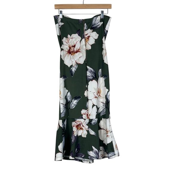 Haute Monde Strapless Flounce Hem Dress Womens L Green Floral Ruffle Tropical - Picture 4 of 6